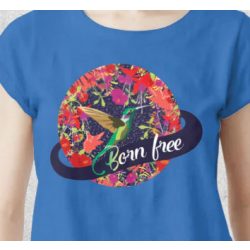   "Born free" feliratos kolibri virágokkal kereknyakú női póló